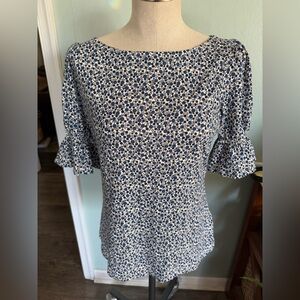 Boden Women’s Blue Black Floral Polka Dot Stretchy Blouse Top Size 6